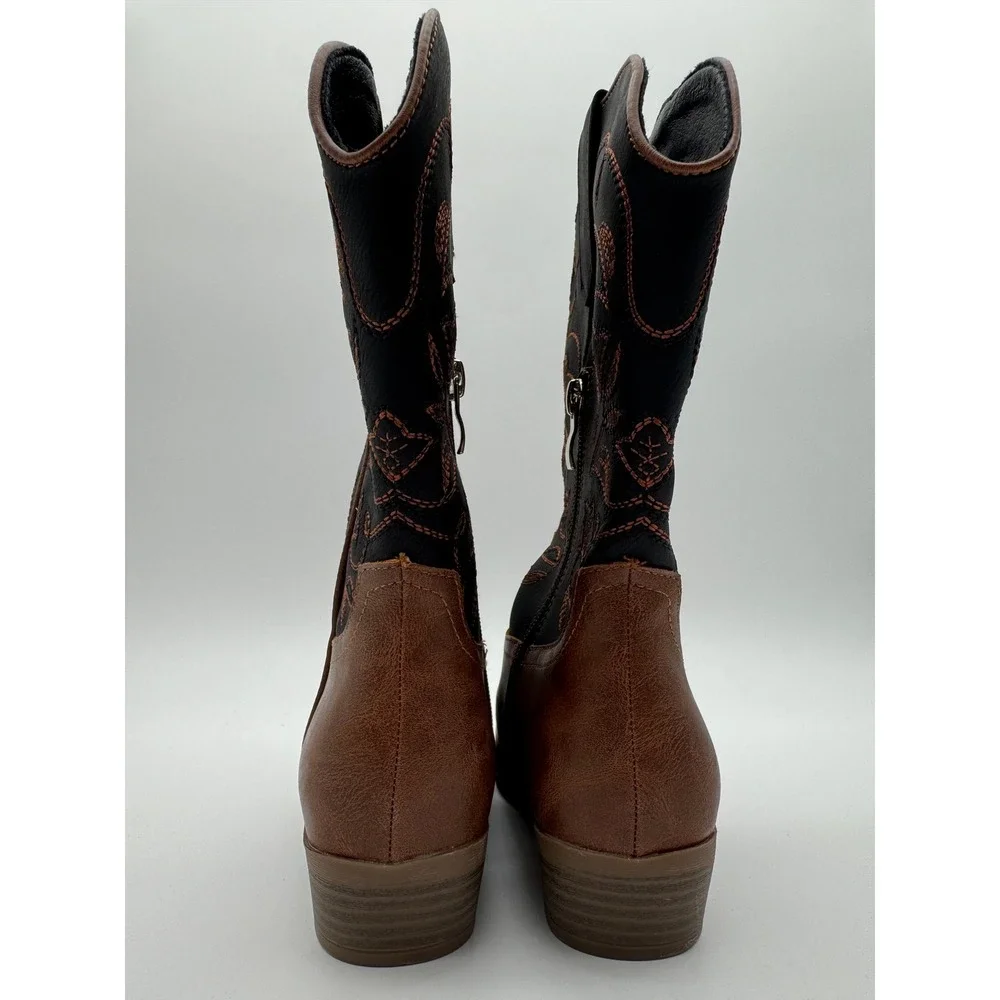 Kids Cowboy Boots Size 3 Brown Black Faux Leather Western Side‎ Zip Embroidered